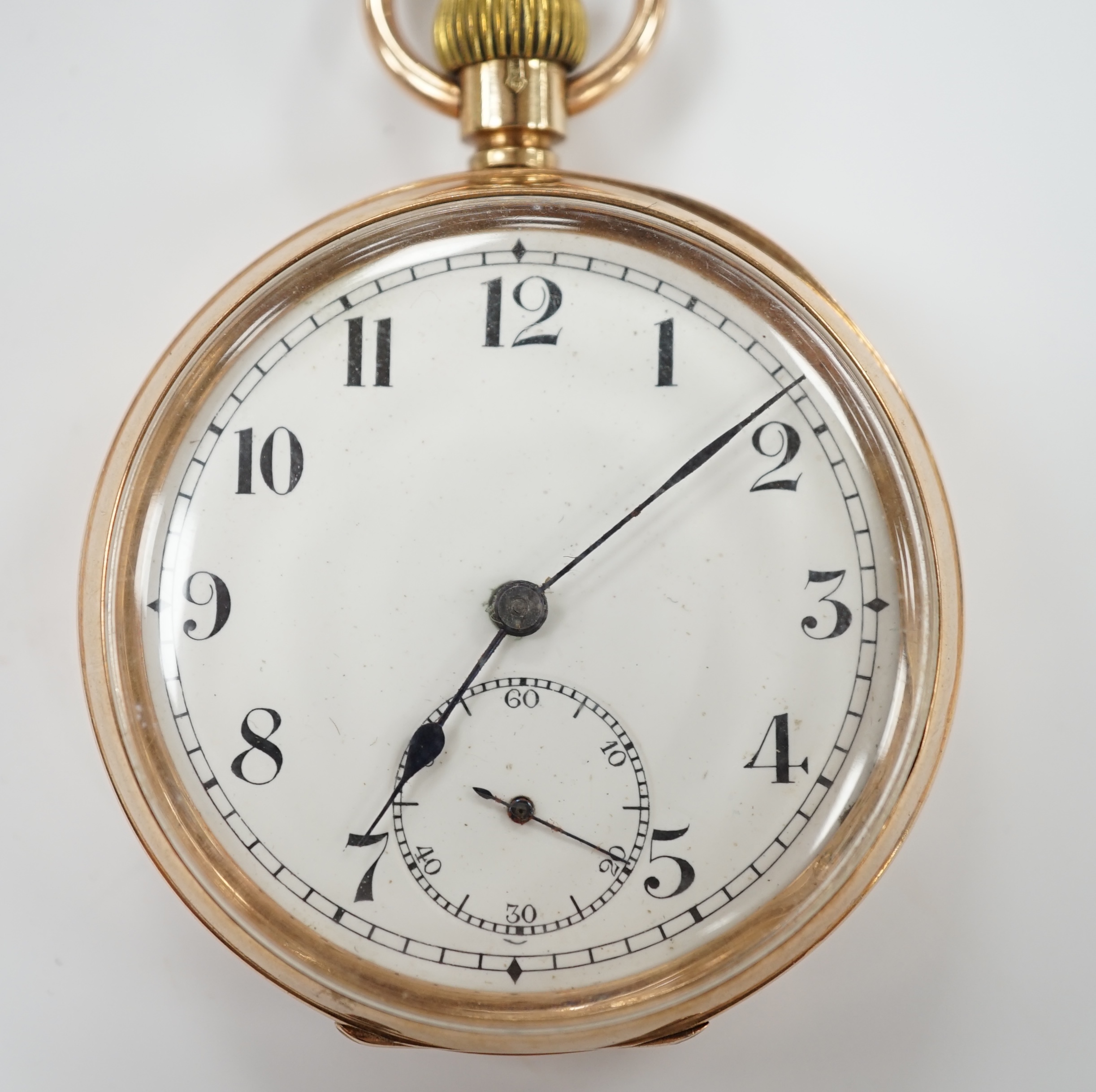 A George V 9ct gold open face keyless pocket watch, with Roman dial and subsidiary seconds, case diameter 48mm, gross weight 82.3 grams.